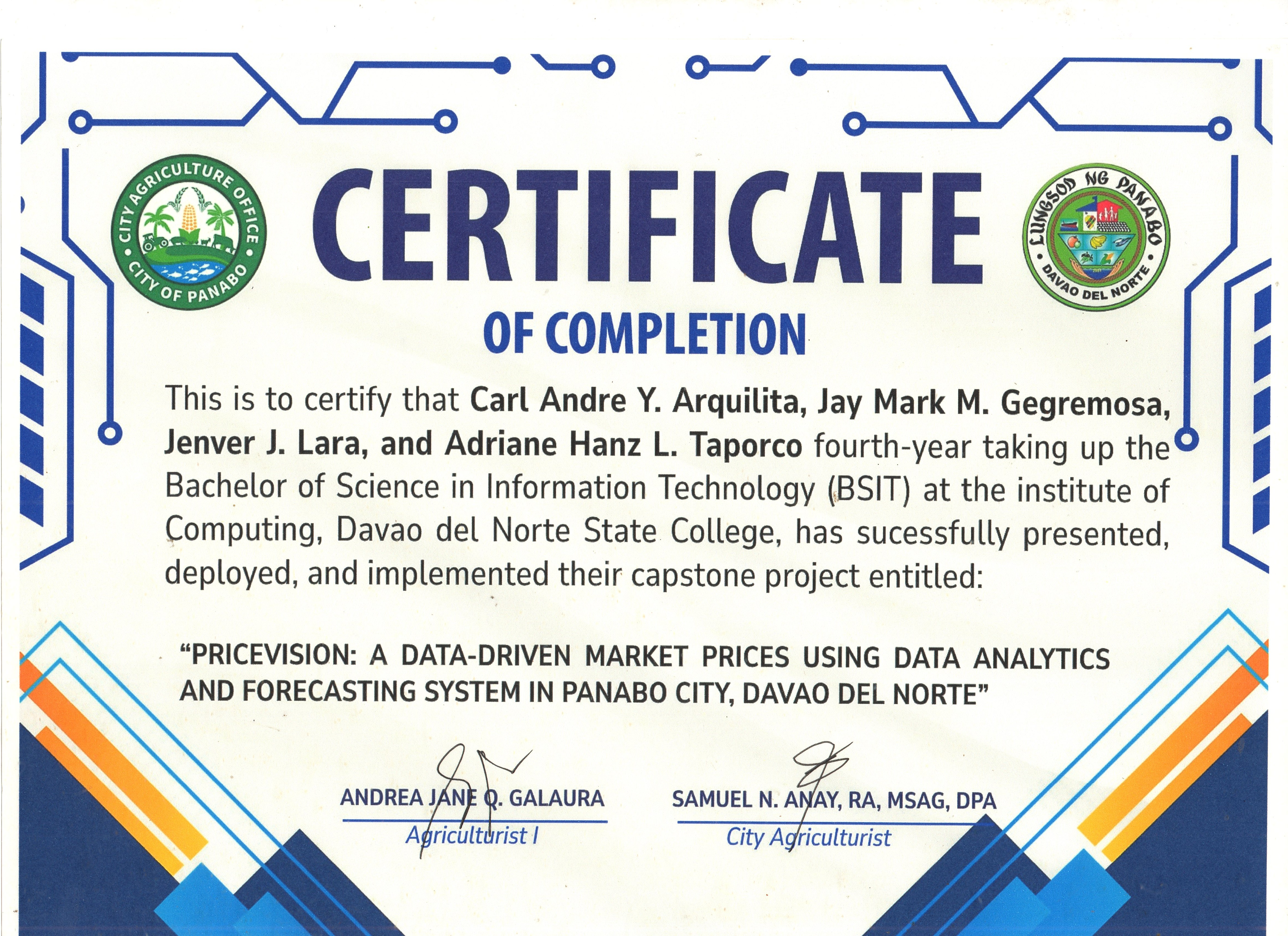 Certificate of Completion – PriceVision